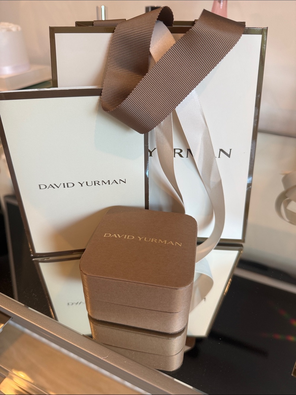 David Yurman Brown and Cream Branded Jewelry Box and Bag Set